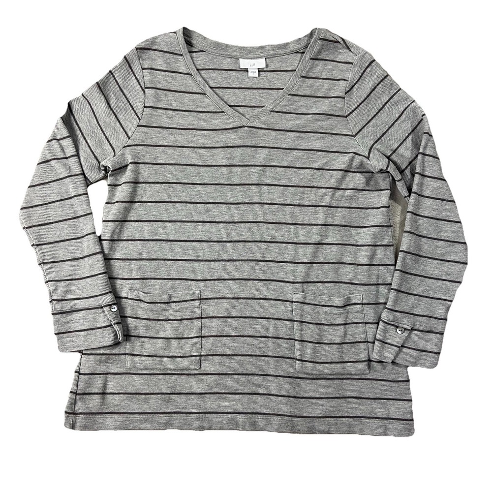 J Jill Long Sleeve V-neck Tunic Tee Gray Striped Pockets Womens M Casual Comfort